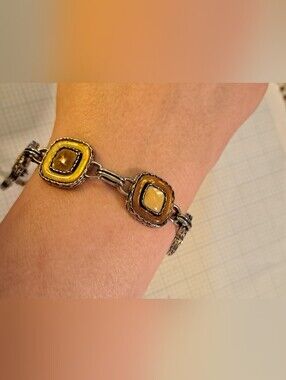 Lia Sophia Set Earrings & Silver Link Bracelet with Yellow Tan Enamel Squares